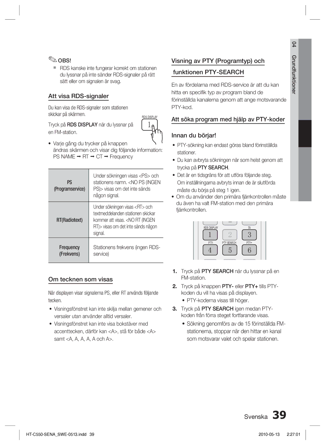 Samsung HT-C553/XEE manual Att visa RDS-signaler, Visning av PTY Programtyp och Funktionen PTY-SEARCH, Om tecknen som visas 