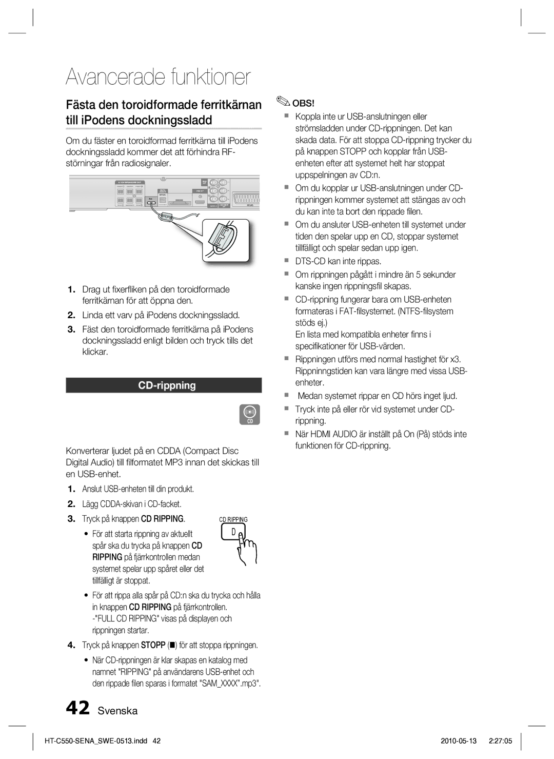 Samsung HT-C553/XEE manual CD-rippning, Tillfälligt är stoppat, Full CD Ripping visas på displayen och rippningen startar 