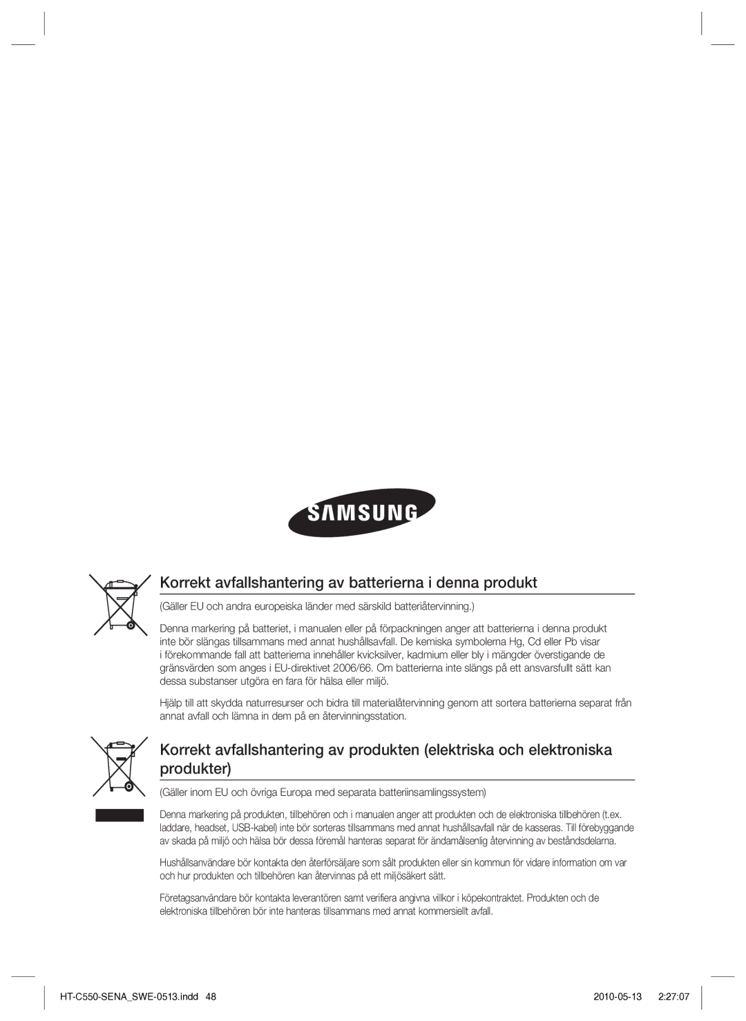 Samsung HT-C553/XEE, HT-C550/XEE, HT-C555/XEE manual Korrekt avfallshantering av batterierna i denna produkt 