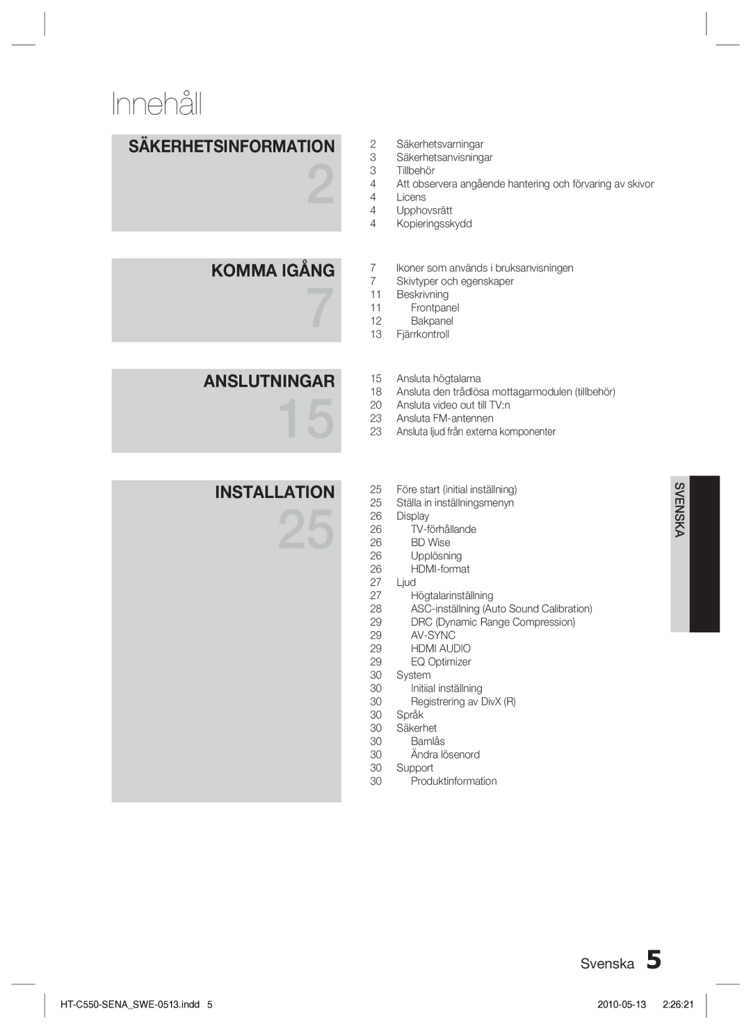 Samsung HT-C555/XEE, HT-C553/XEE, HT-C550/XEE manual Innehåll, Säkerhetsinformation 