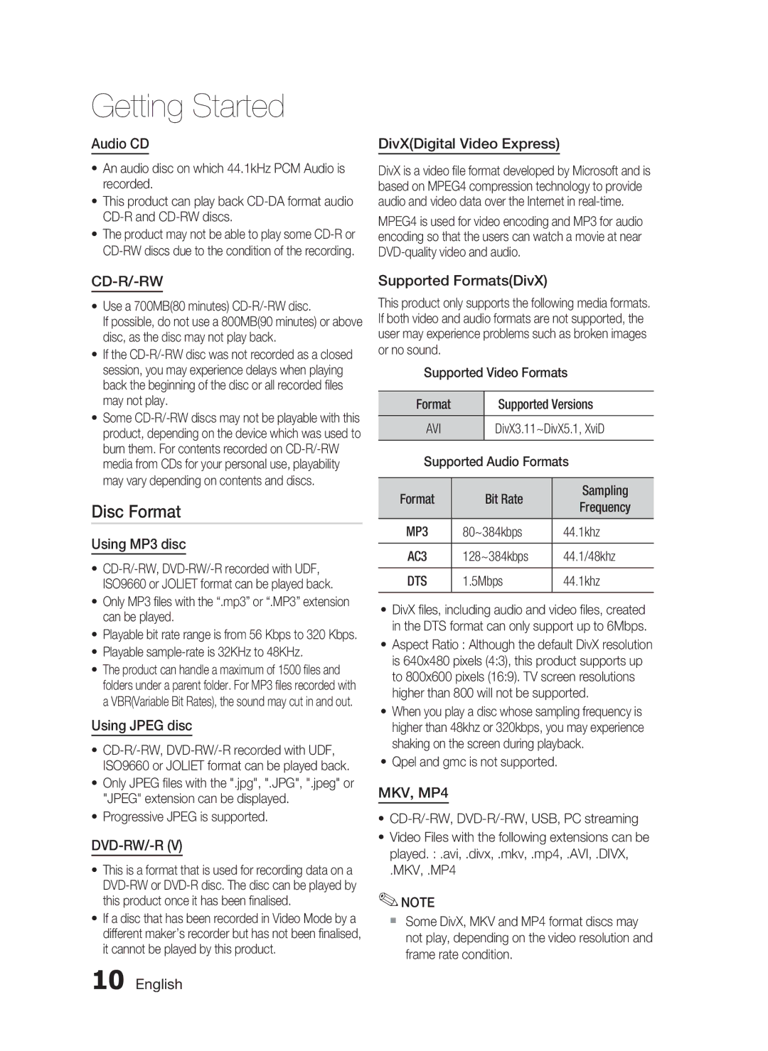 Samsung HT-C5550 user manual Disc Format 