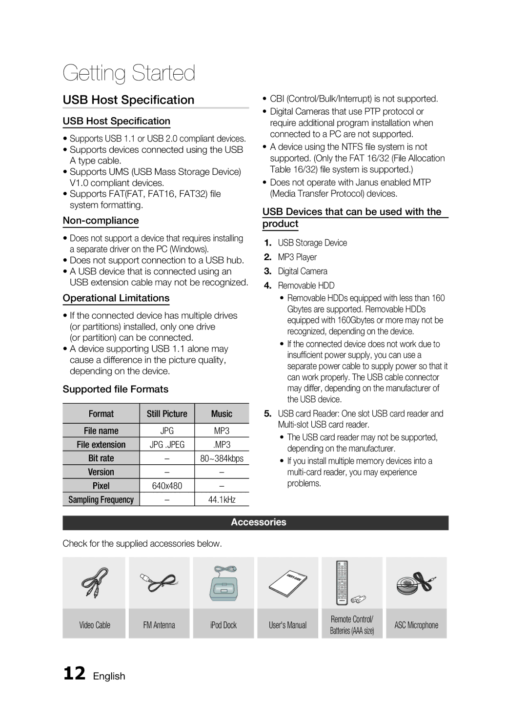 Samsung HT-C5550 user manual USB Host Speciﬁcation, Accessories 