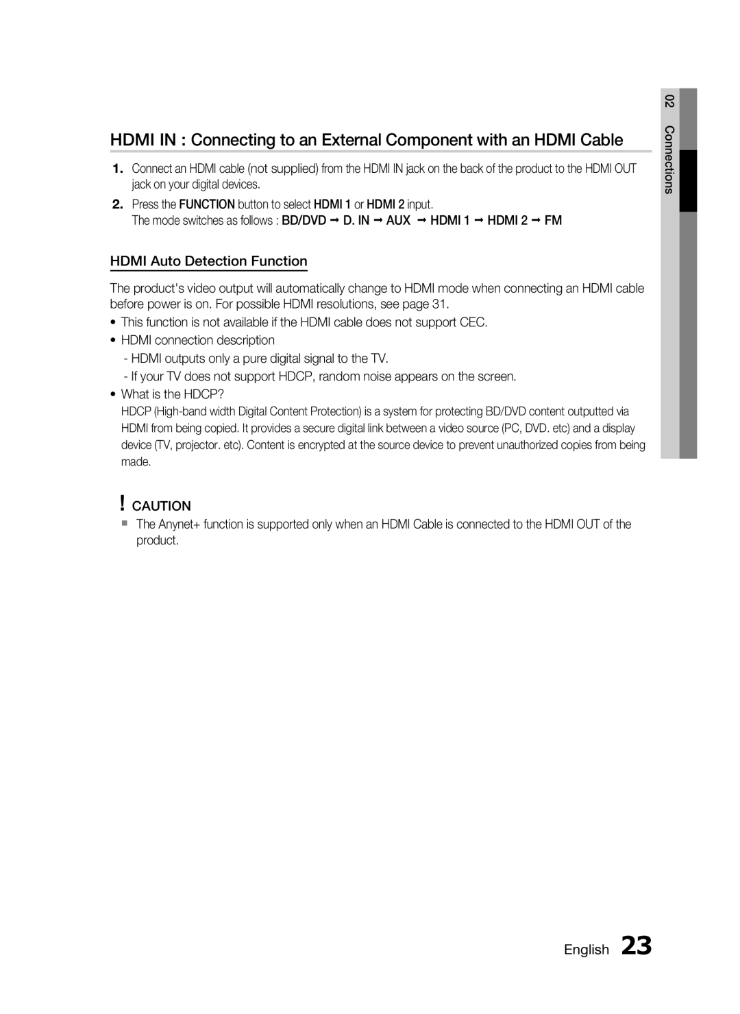 Samsung HT-C5550 user manual Hdmi Auto Detection Function 