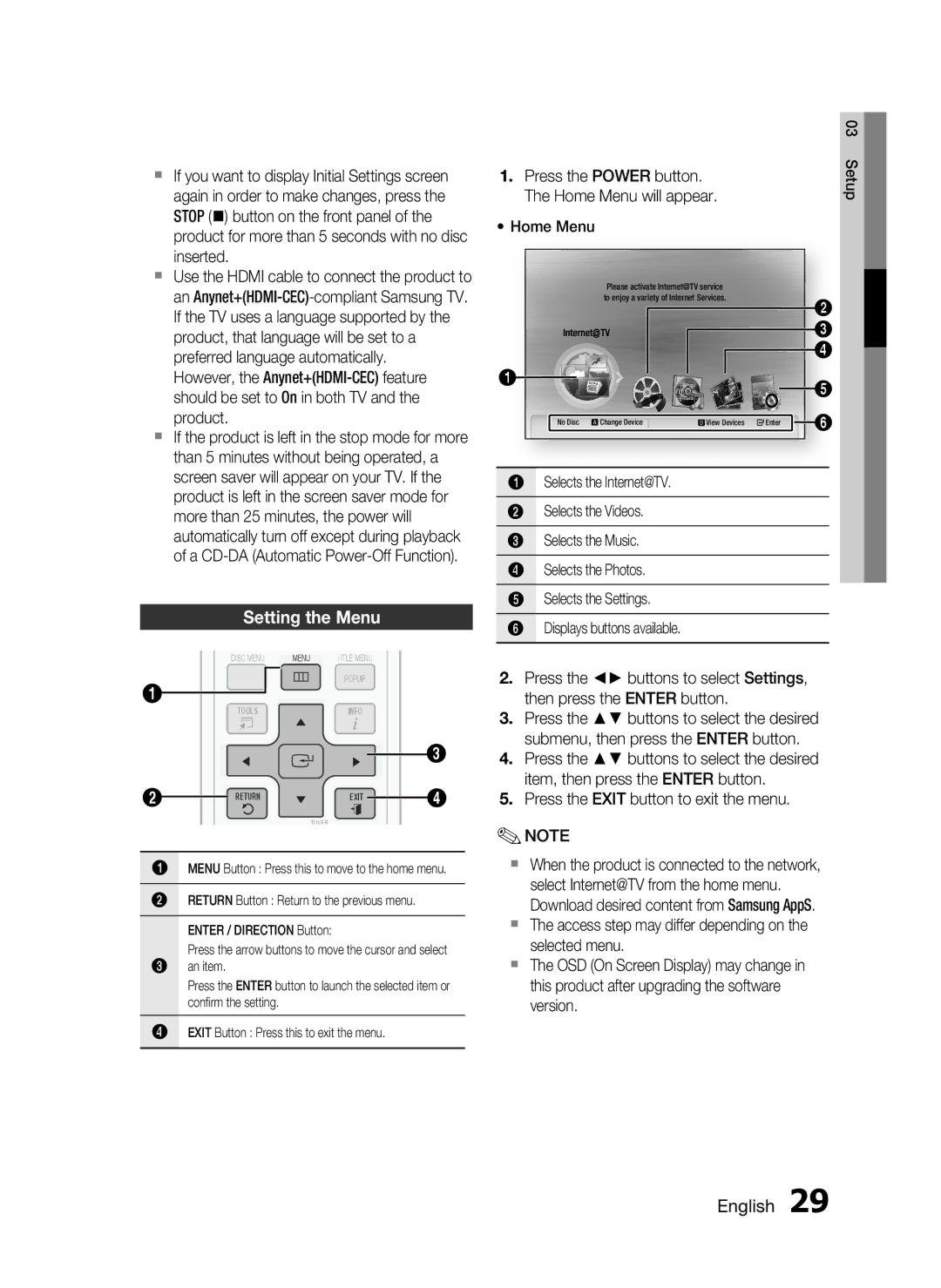 Samsung HT-C5550 user manual Setting the Menu 