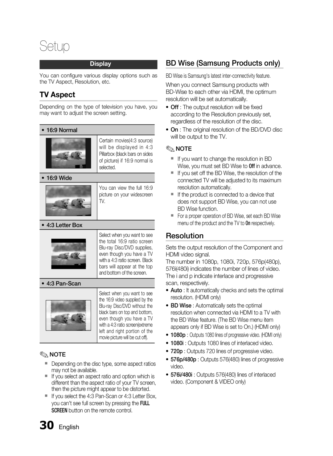 Samsung HT-C5550 user manual BD Wise Samsung Products only, Resolution, Display, Pan-Scan 