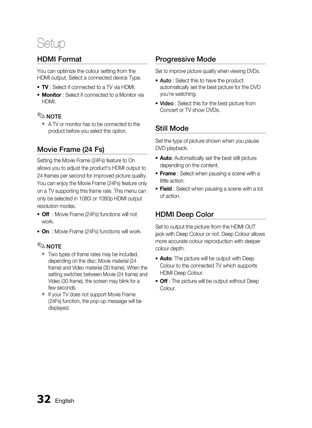 Samsung HT-C5550 user manual Hdmi Format, Movie Frame 24 Fs, Progressive Mode, Still Mode, Hdmi Deep Color 