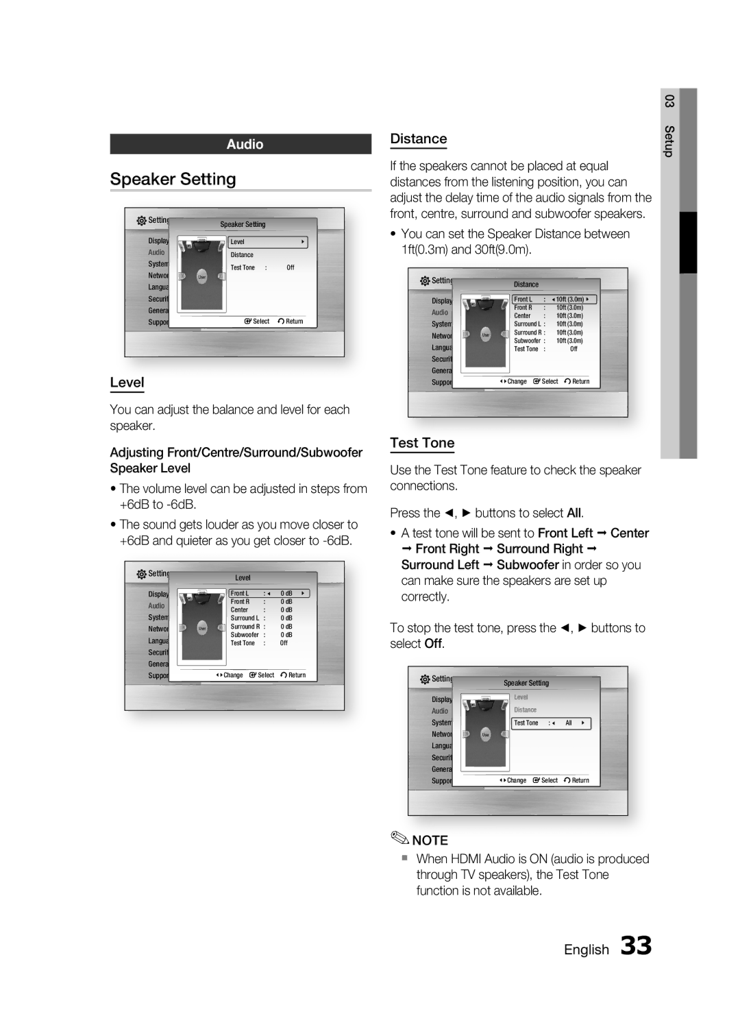 Samsung HT-C5550 user manual Speaker Setting, Audio, Level, Distance, Test Tone 