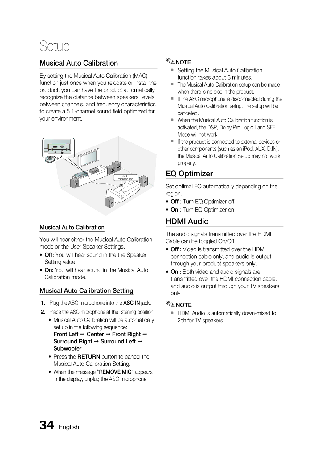 Samsung HT-C5550 user manual EQ Optimizer, Hdmi Audio, Musical Auto Calibration Setting 