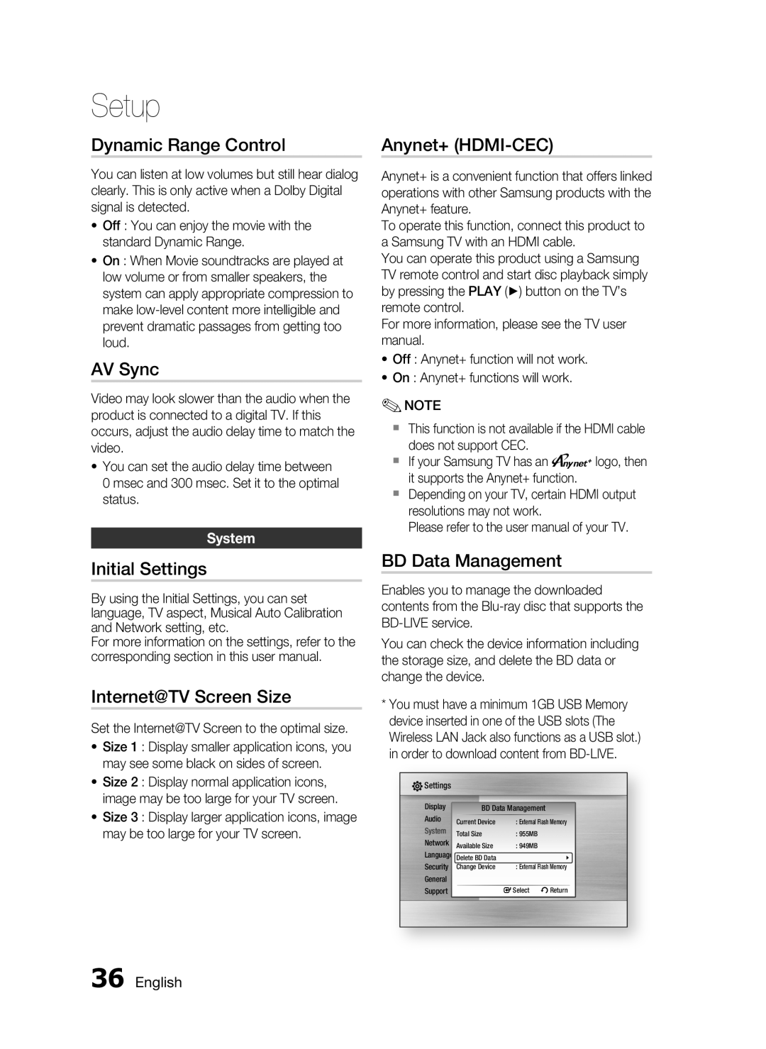 Samsung HT-C5550 user manual Dynamic Range Control, AV Sync, Initial Settings, Internet@TV Screen Size, Anynet+ HDMI-CEC 