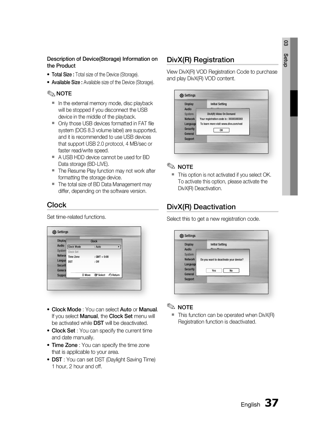 Samsung HT-C5550 user manual DivXR Registration, Clock, DivXR Deactivation, Set time-related functions 