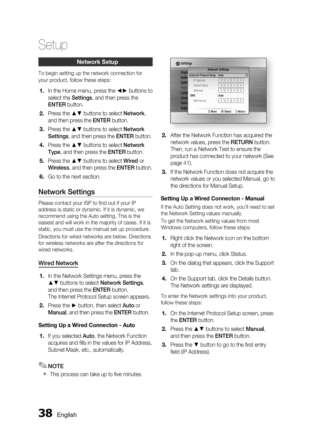 Samsung HT-C5550 user manual Network Settings, Network Setup, Wired Network 