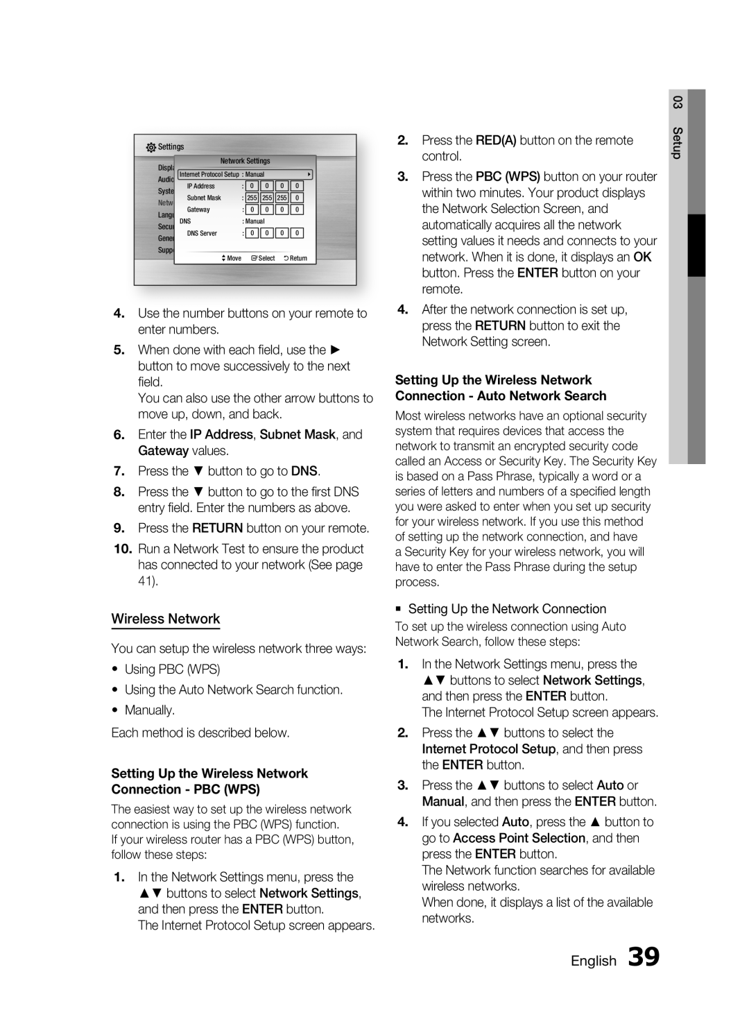 Samsung HT-C5550 user manual Setting Up the Wireless Network Connection PBC WPS 