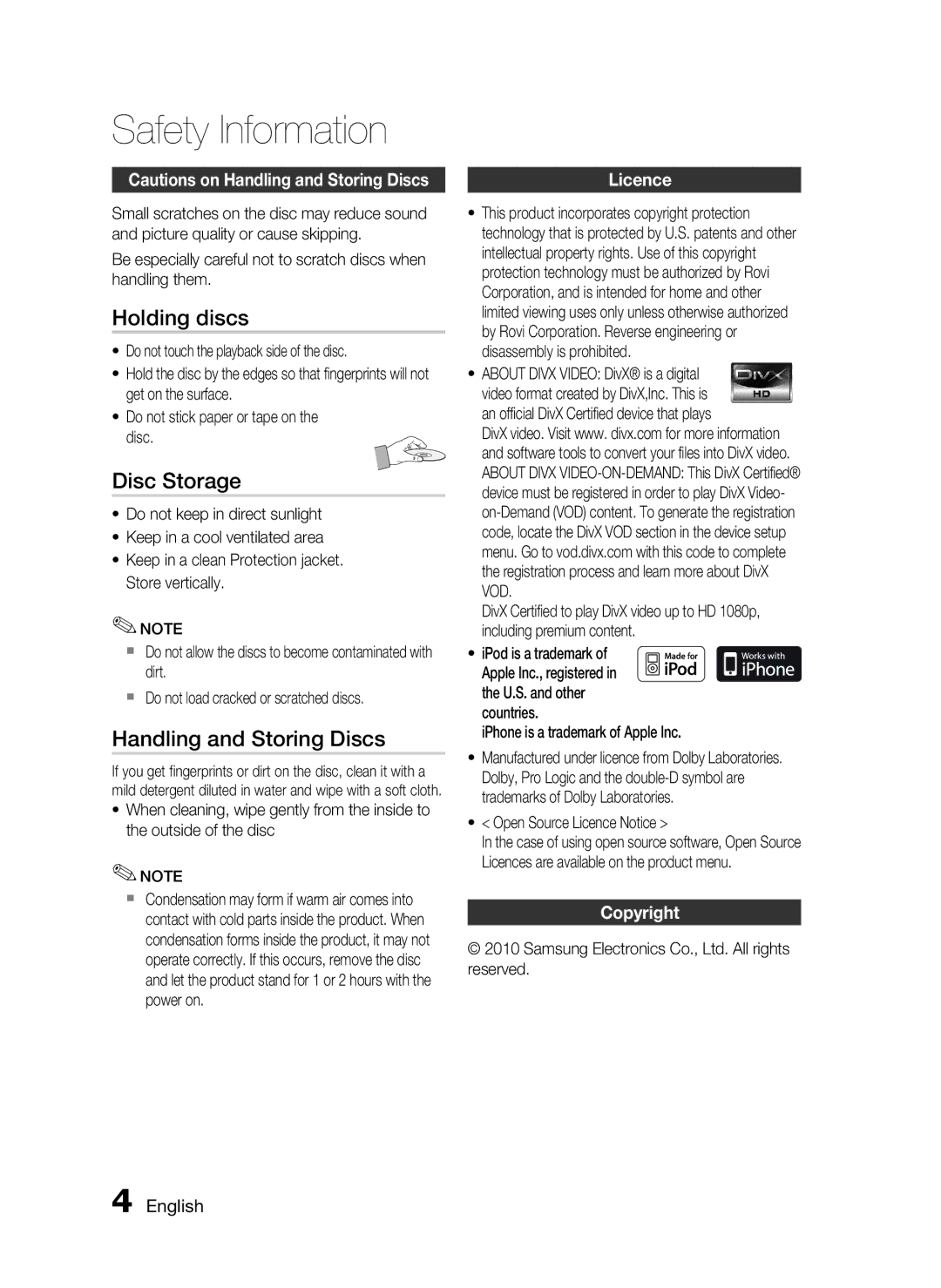 Samsung HT-C5550 user manual Holding discs, Disc Storage, Handling and Storing Discs, Licence, Copyright 