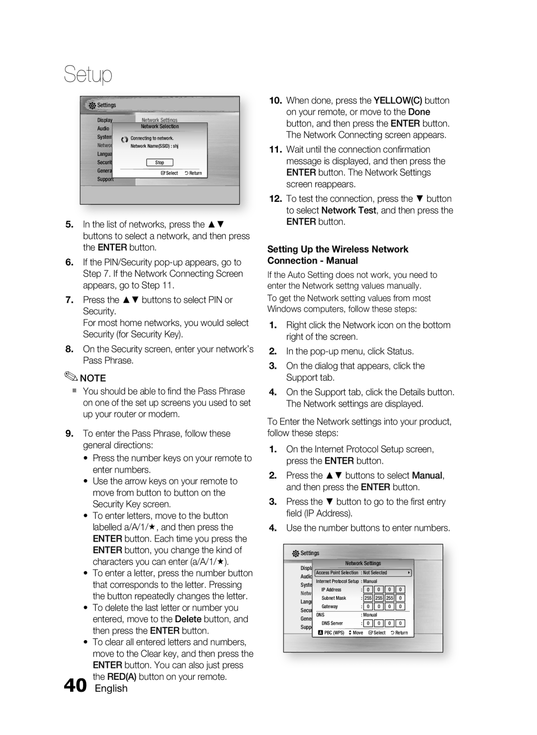 Samsung HT-C5550 user manual Setting Up the Wireless Network Connection Manual 