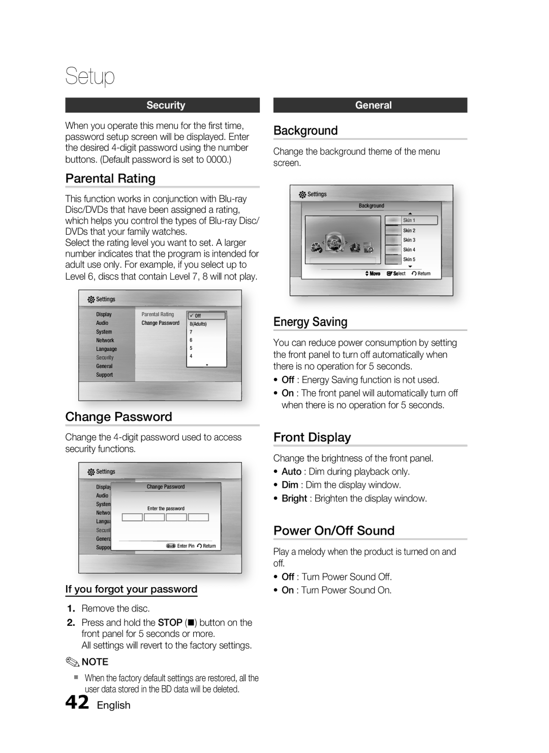 Samsung HT-C5550 user manual Parental Rating, Change Password, Background, Energy Saving, Front Display, Power On/Off Sound 