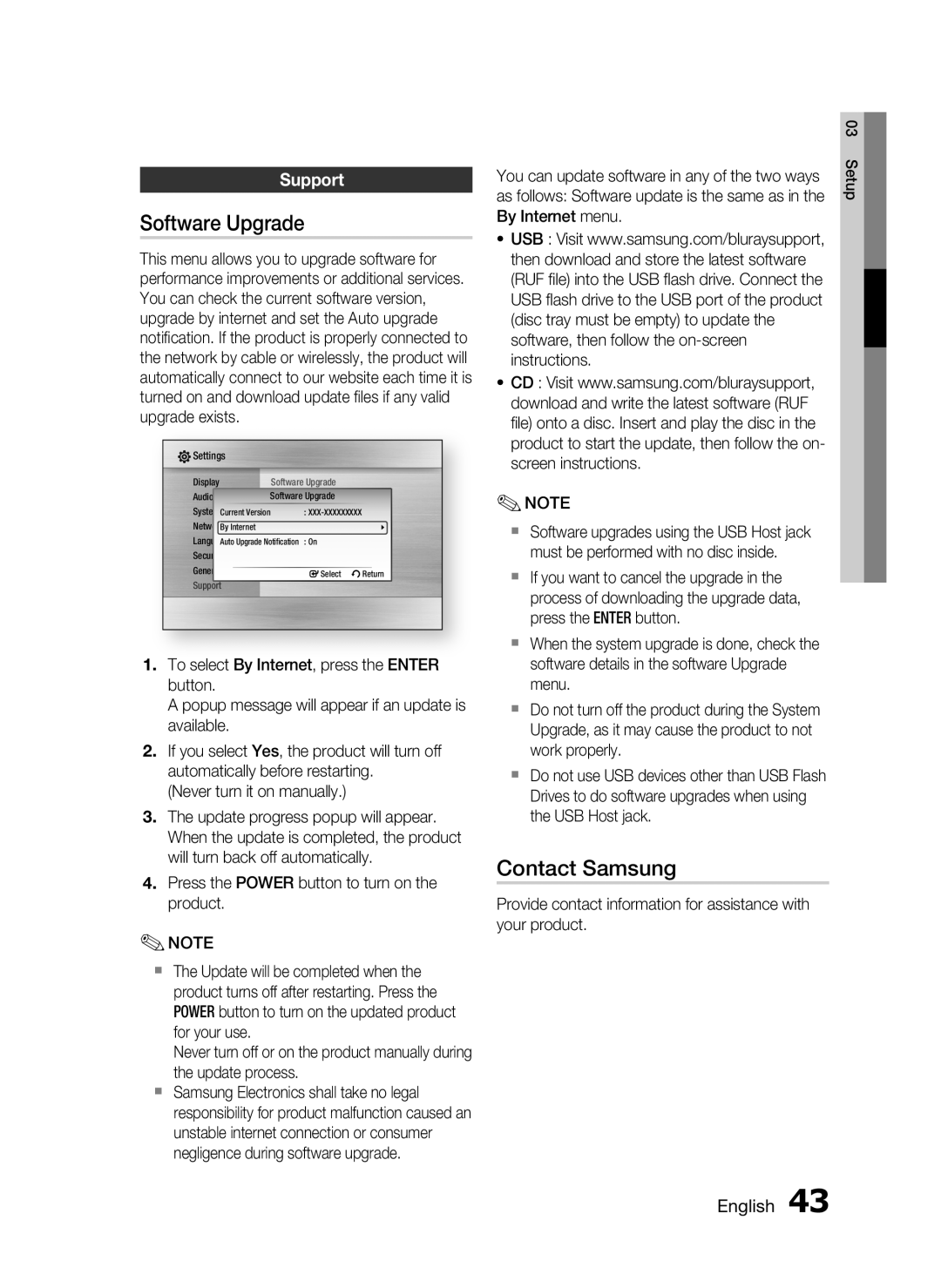 Samsung HT-C5550 user manual Software Upgrade, Contact Samsung, Support 