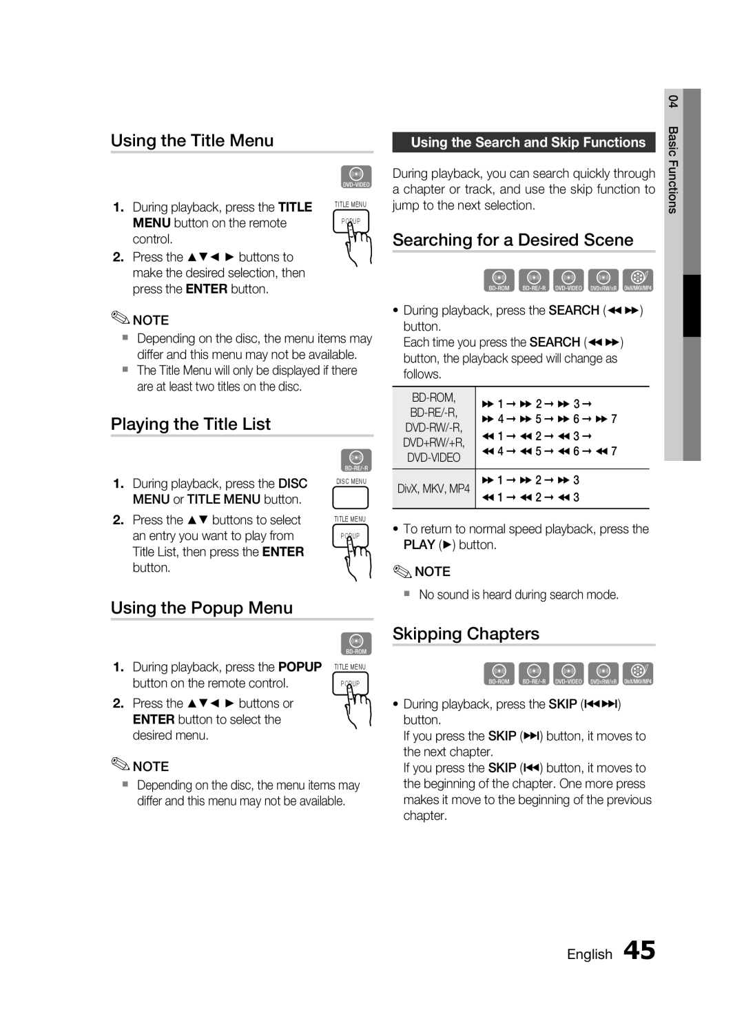 Samsung HT-C5550 Using the Title Menu, Searching for a Desired Scene, Playing the Title List, Using the Popup Menu 