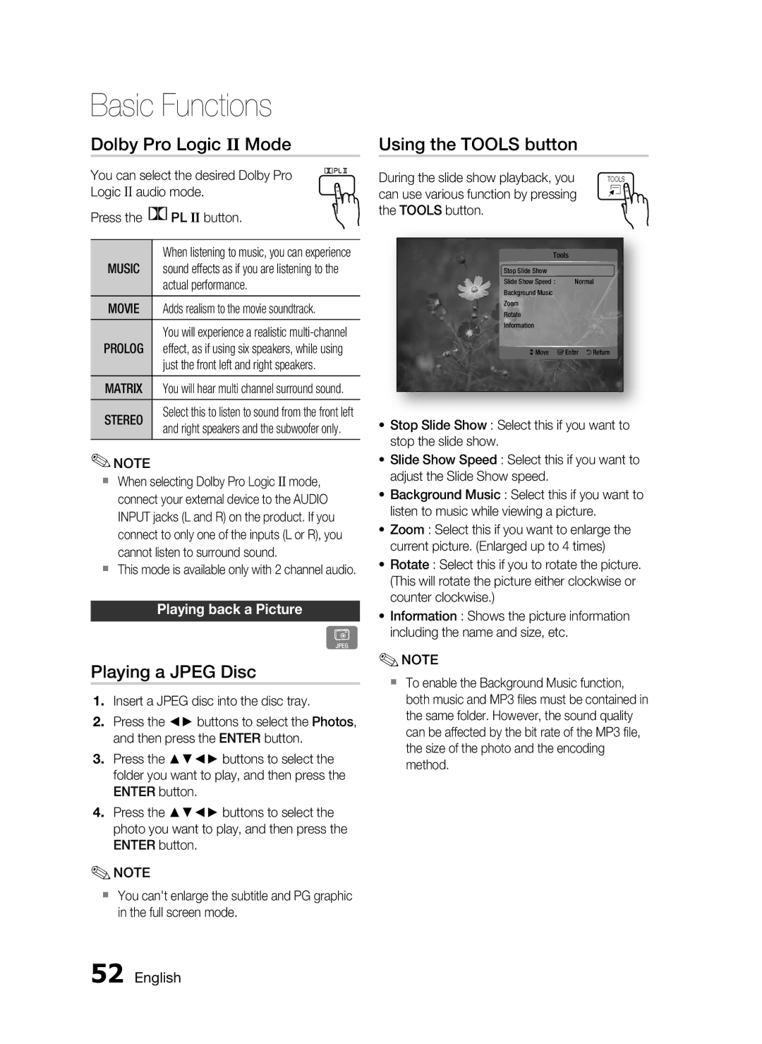 Samsung HT-C5550 Dolby Pro Logic II Mode, Playing a Jpeg Disc, Using the Tools button, Playing back a Picture, Music 