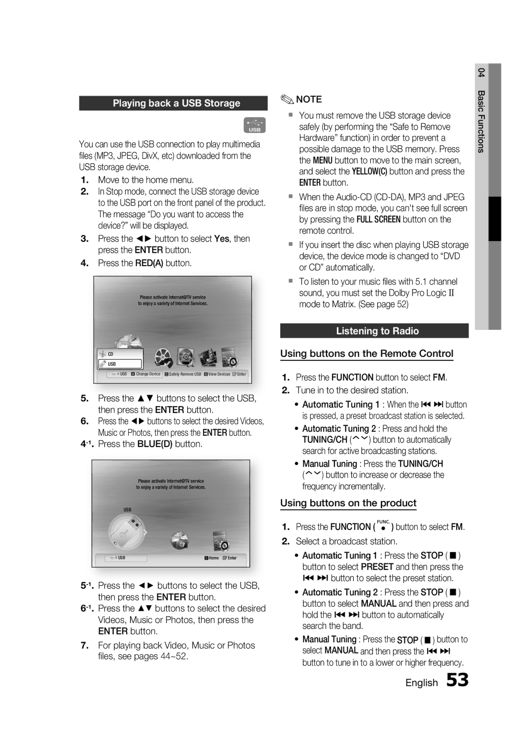 Samsung HT-C5550 user manual Playing back a USB Storage, Listening to Radio, Using buttons on the Remote Control 