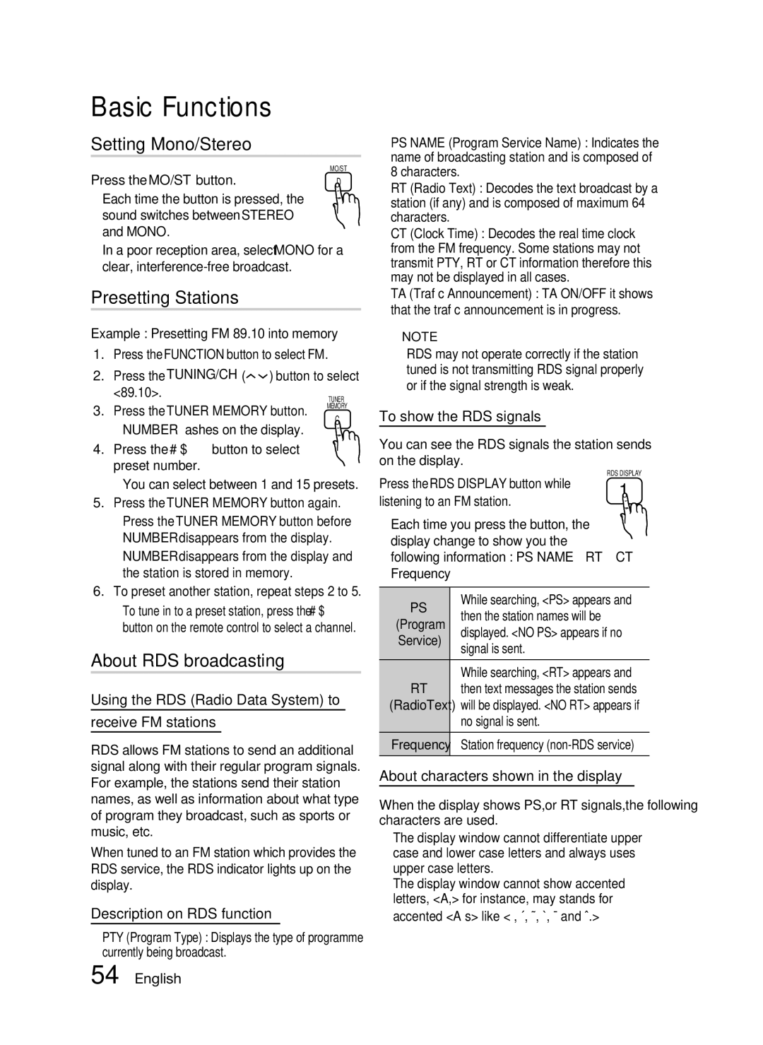 Samsung HT-C5550 user manual Setting Mono/Stereo, Presetting Stations, About RDS broadcasting 