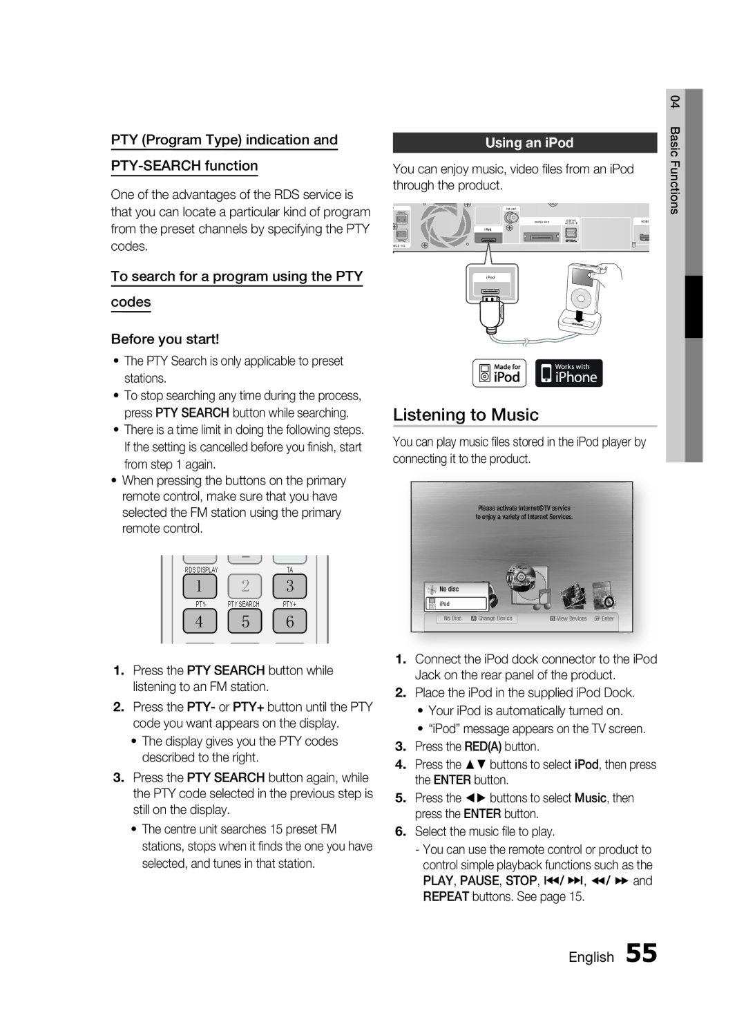 Samsung HT-C5550 user manual Listening to Music, PTY Program Type indication PTY-SEARCH function, Using an iPod 