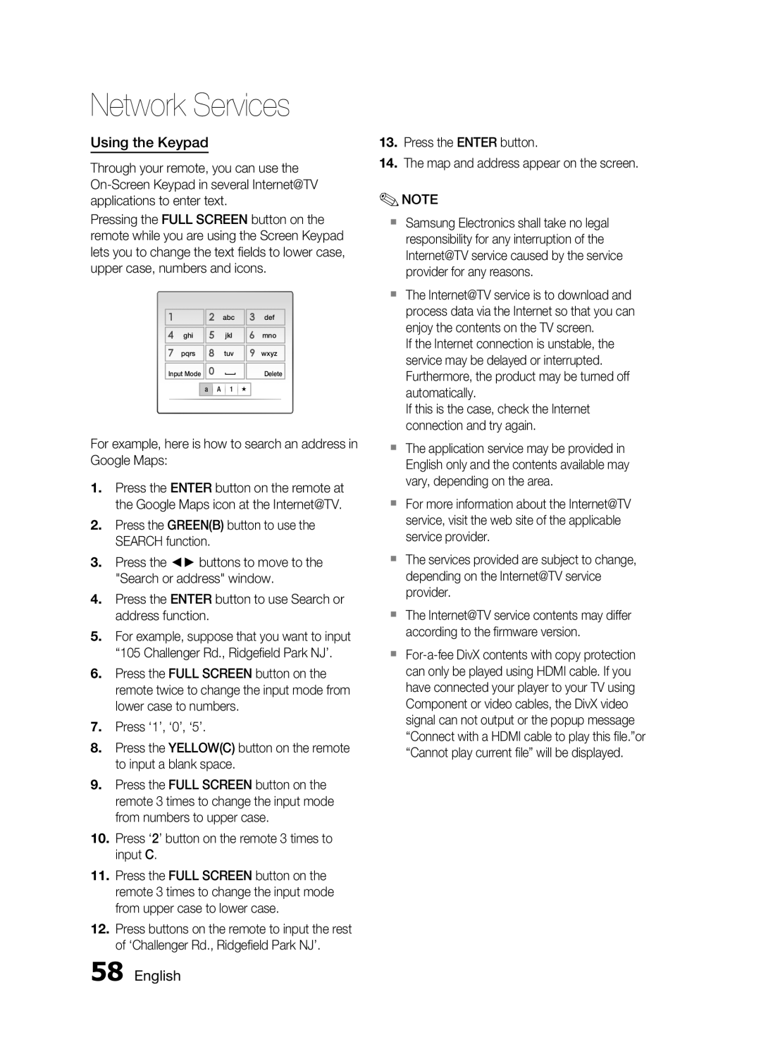 Samsung HT-C5550 user manual Using the Keypad, For example, here is how to search an address in Google Maps 