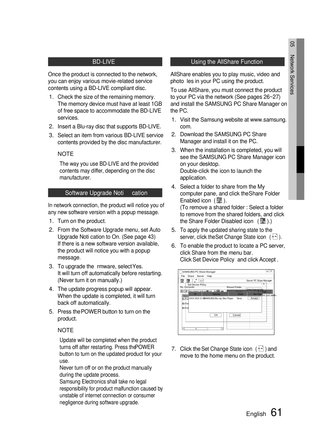 Samsung HT-C5550 user manual Software Upgrade Notiﬁcation, Using the AllShare Function 