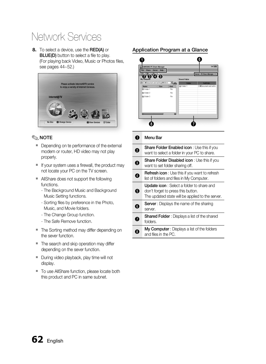 Samsung HT-C5550 user manual Application Program at a Glance,  During video playback, play time will not display, Menu Bar 