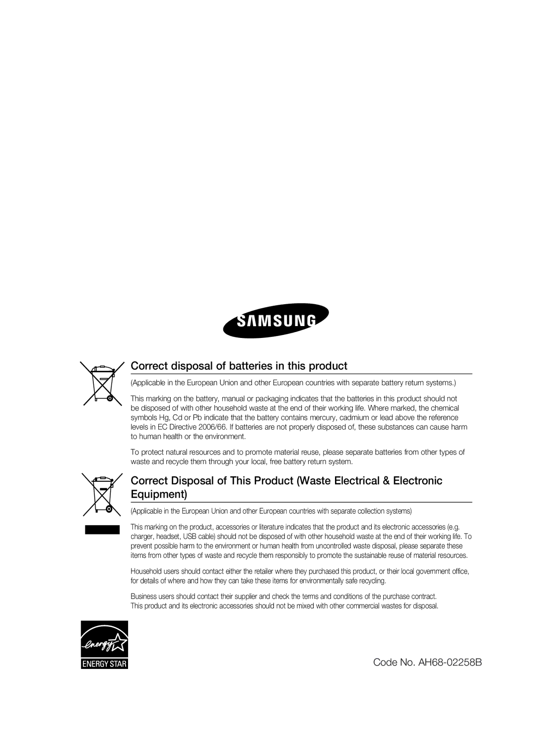 Samsung HT-C5550 user manual Correct disposal of batteries in this product 