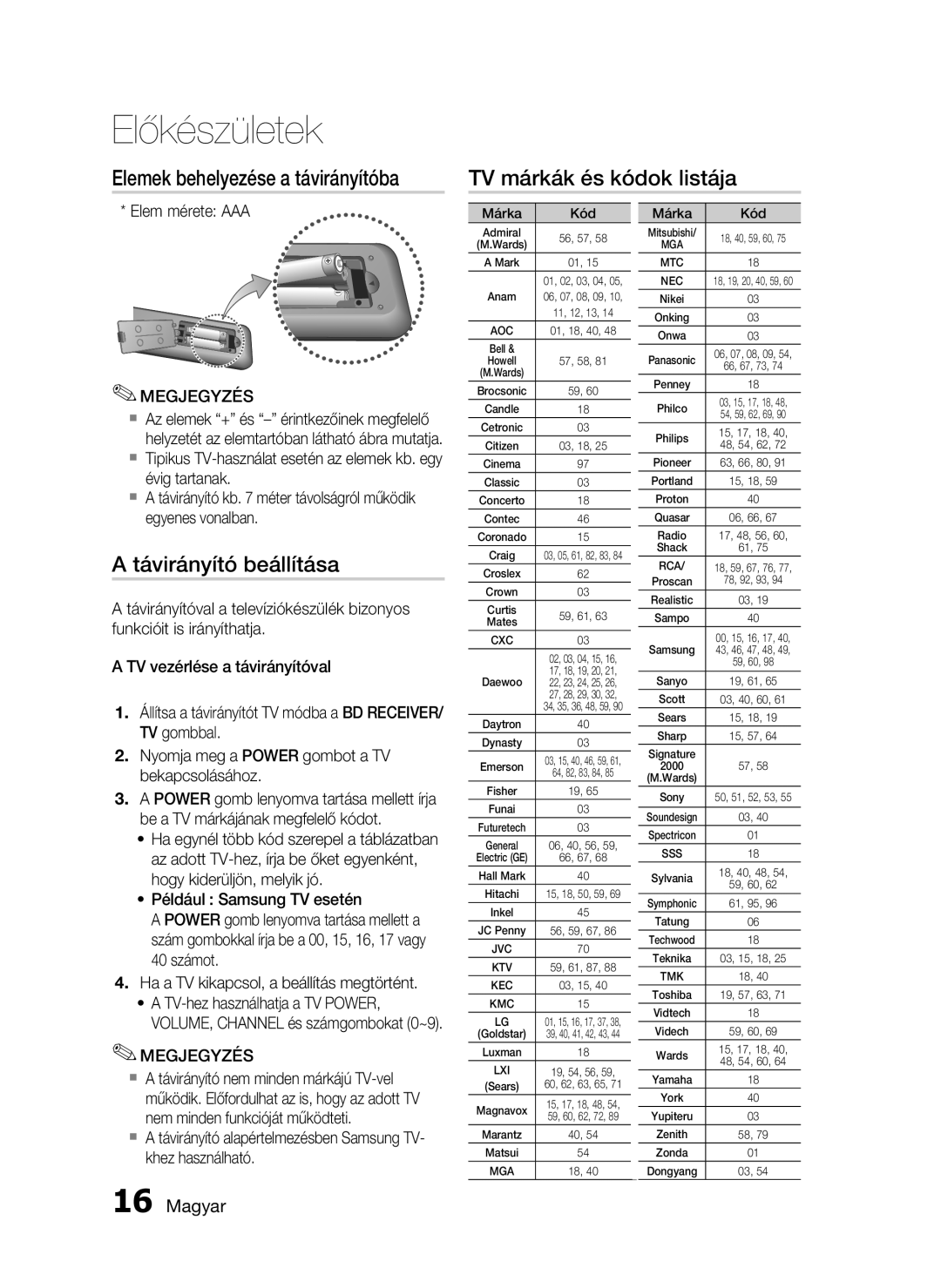 Samsung HT-C5530/XAC, HT-C5550/EDC, HT-C5500/EDC, HT-C5500/XEF manual Távirányító beállítása, Elem mérete AAA, Márka Kód 