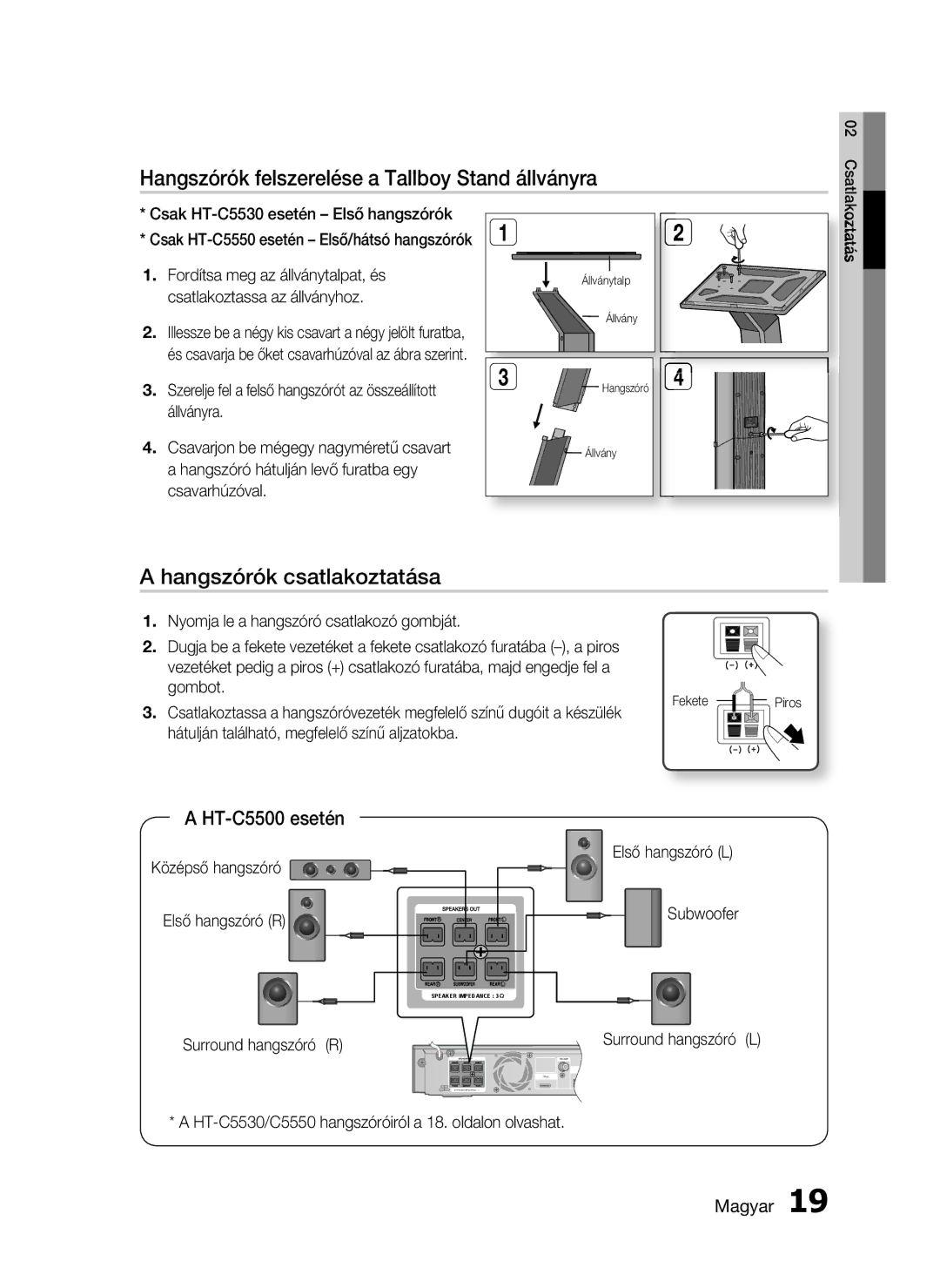 Samsung HT-C5500/EDC, HT-C5550/EDC manual Hangszórók felszerelése a Tallboy Stand állványra, Hangszórók csatlakoztatása 