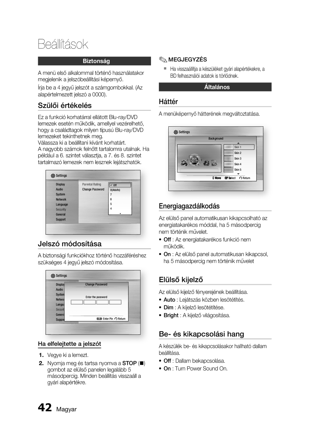 Samsung HT-C5530/XEE, HT-C5550/EDC manual Szülői értékelés, Jelszó módosítása, Háttér, Energiagazdálkodás, Elülső kijelző 