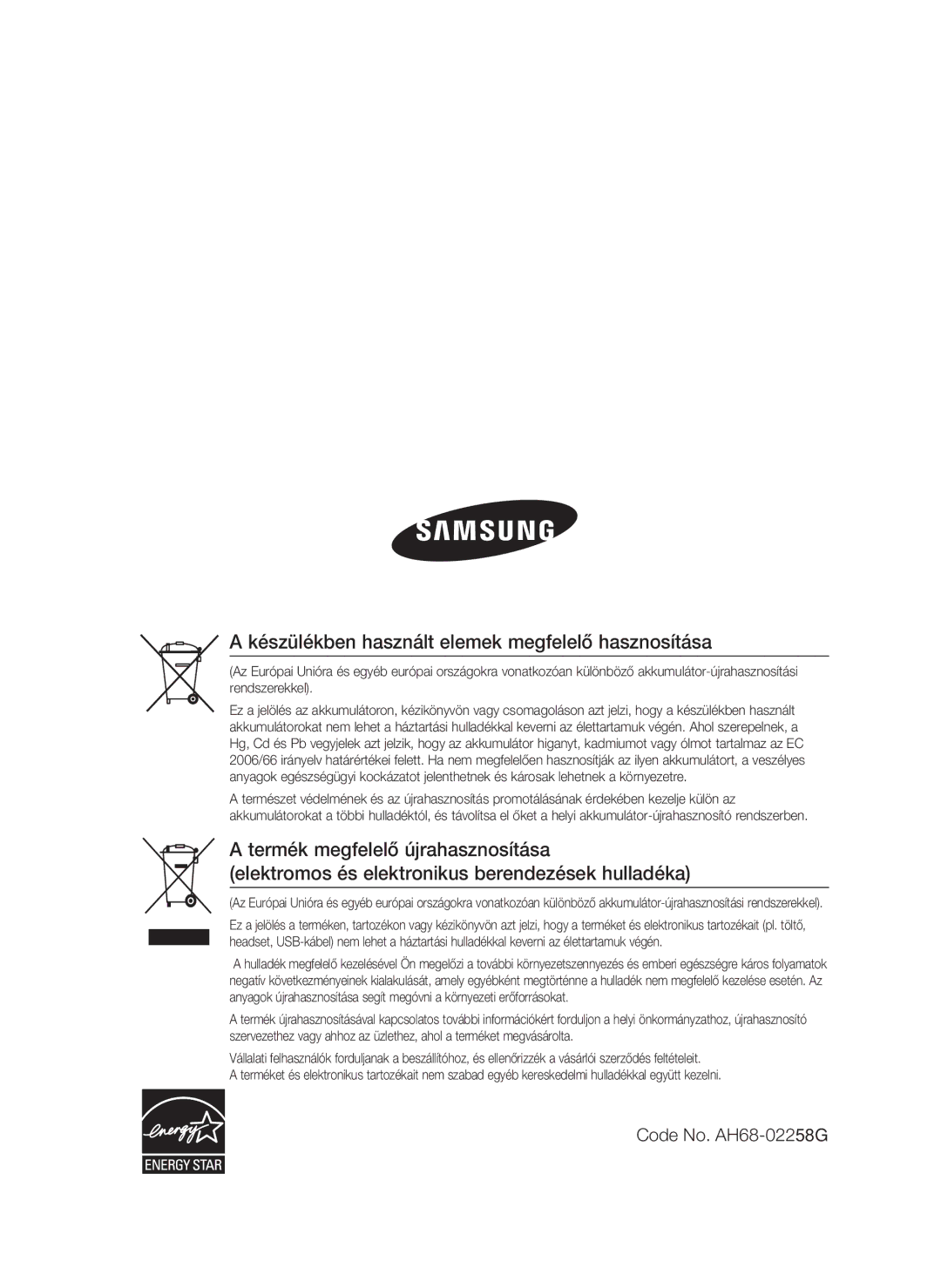 Samsung HT-C5530/XEE, HT-C5550/EDC, HT-C5500/EDC, HT-C5500/XEF manual Készülékben használt elemek megfelelő hasznosítása 