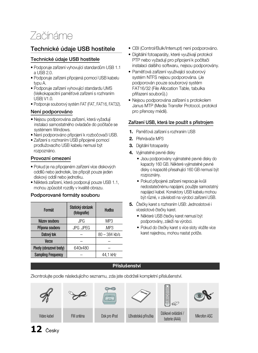 Samsung HT-C5550/EDC, HT-C5500/EDC, HT-C5500/XEF, HT-C5530/EDC manual Technické údaje USB hostitele, Příslušenství 