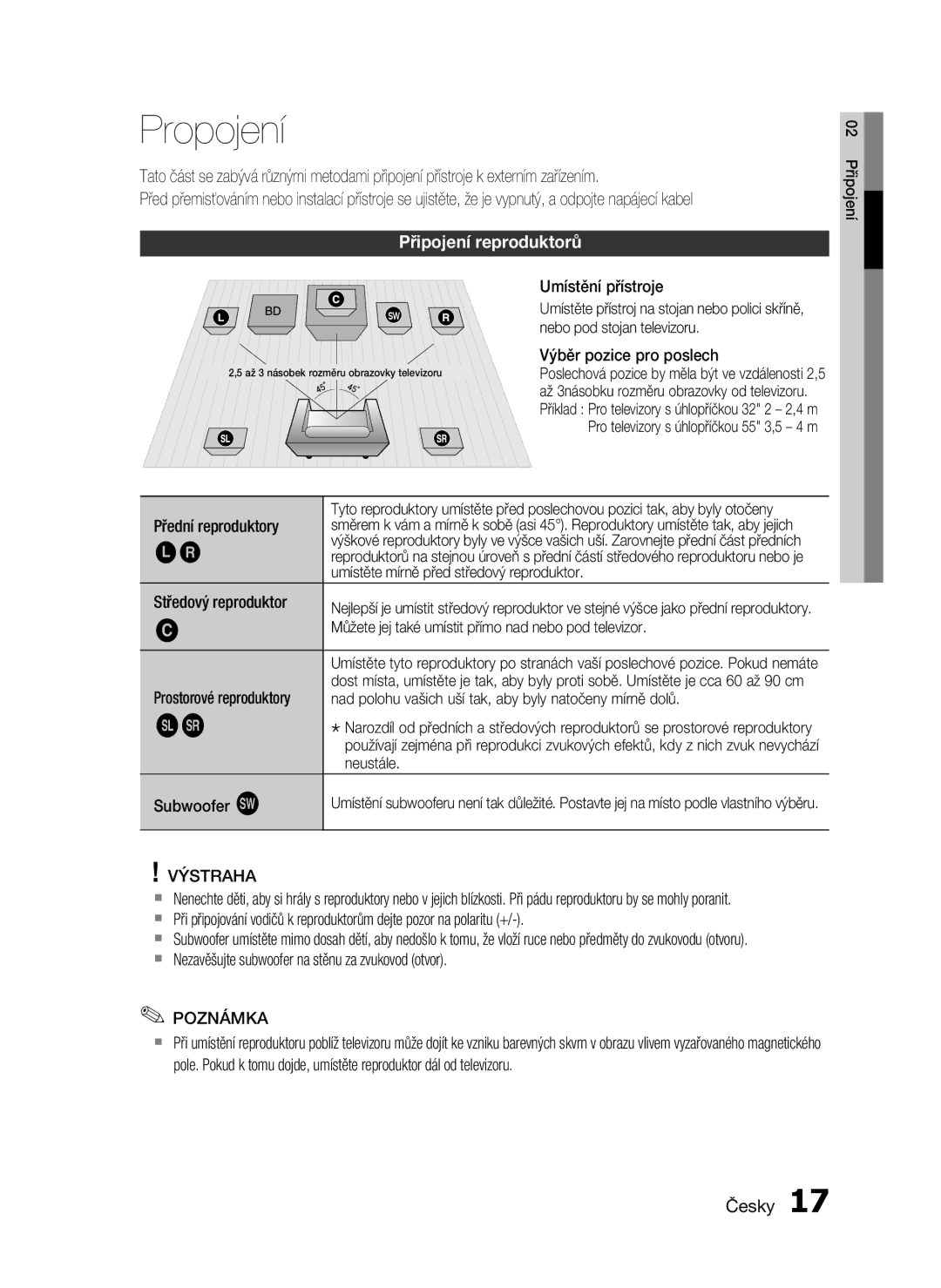 Samsung HT-C5500/EDC, HT-C5550/EDC, HT-C5500/XEF, HT-C5530/EDC manual Propojení, Připojení reproduktorů 