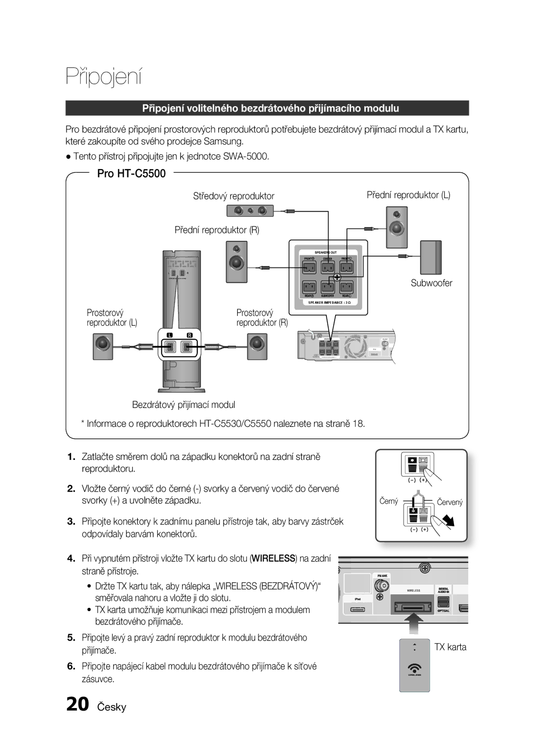 Samsung HT-C5550/EDC, HT-C5500/EDC, HT-C5500/XEF manual Připojení volitelného bezdrátového přijímacího modulu, 20 Česky 