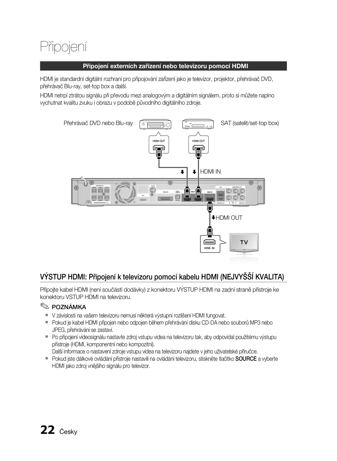 Samsung HT-C5500/XEF, HT-C5550/EDC manual Připojení externích zařízení nebo televizoru pomocí Hdmi, 22 Česky, Hdmi Hdmi OUT 