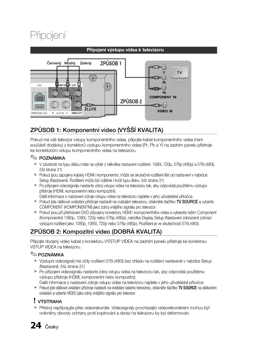 Samsung HT-C5550/EDC manual Způsob 1 Komponentní video Vyšší Kvalita, Způsob 2 Kompozitní video Dobrá Kvalita, 24 Česky 