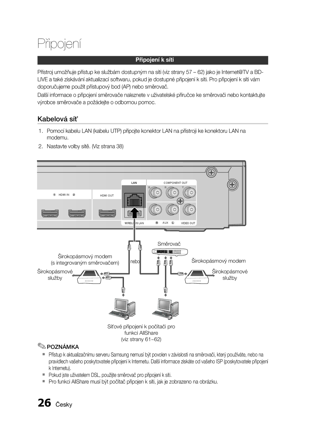 Samsung HT-C5500/XEF, HT-C5550/EDC, HT-C5500/EDC, HT-C5530/EDC manual Připojení k síti, 26 Česky, Širokopásmové Služby 