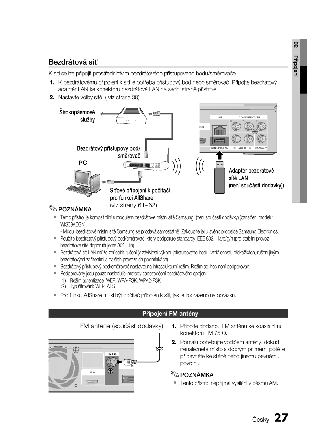 Samsung HT-C5530/EDC manual Širokopásmové Služby Bezdrátový přístupový bod Směrovač, Pro funkci AllShare, Viz strany 61~62 