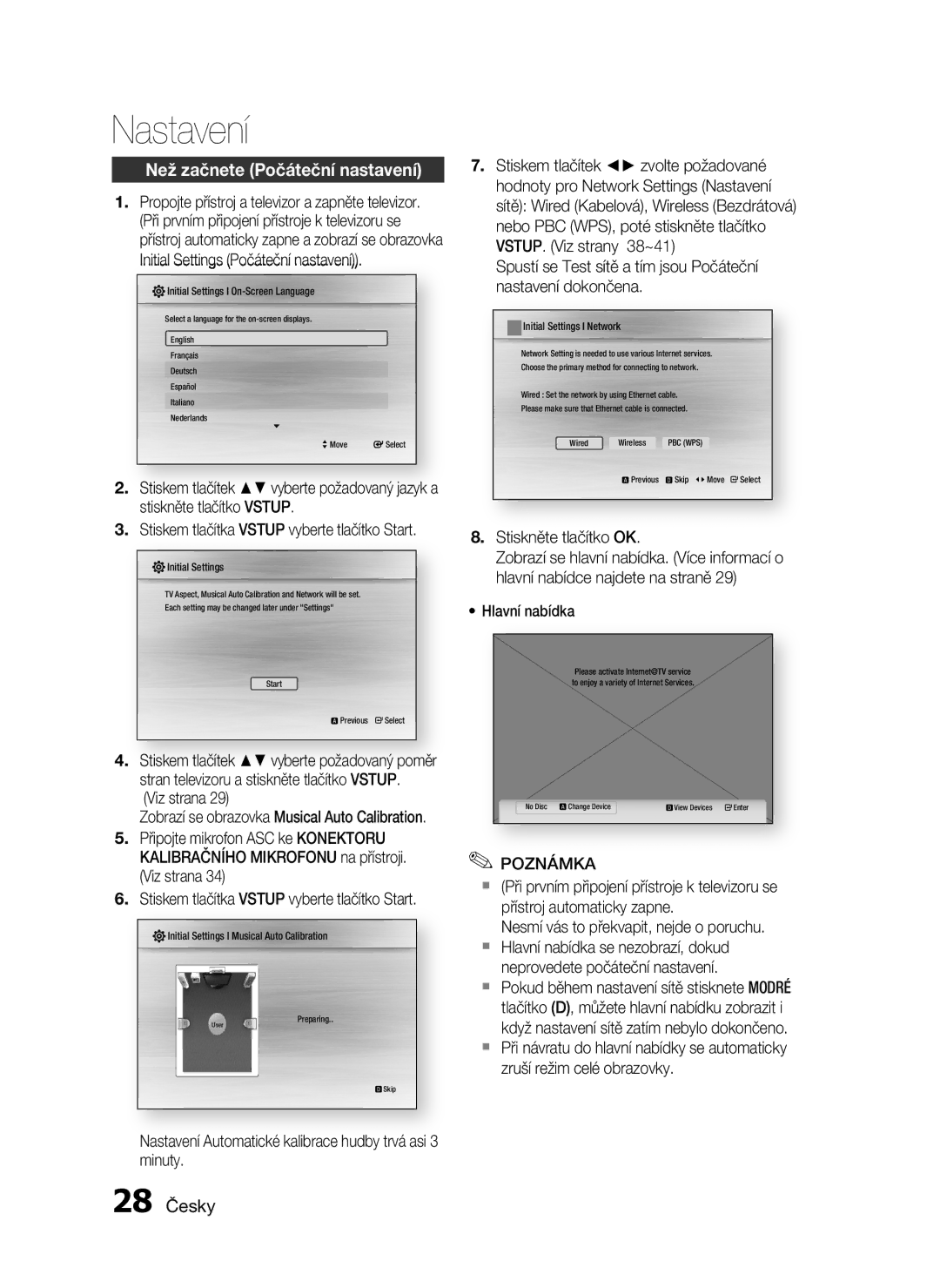 Samsung HT-C5550/EDC, HT-C5500/EDC, HT-C5500/XEF, HT-C5530/EDC manual Nastavení, Než začnete Počáteční nastavení, 28 Česky 