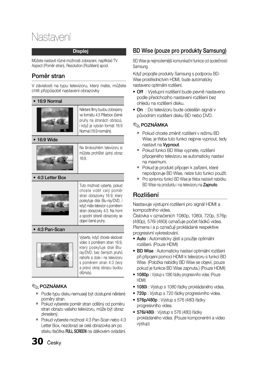 Samsung HT-C5500/XEF, HT-C5550/EDC manual Poměr stran, BD Wise pouze pro produkty Samsung, Rozlišení, Displej, 30 Česky 