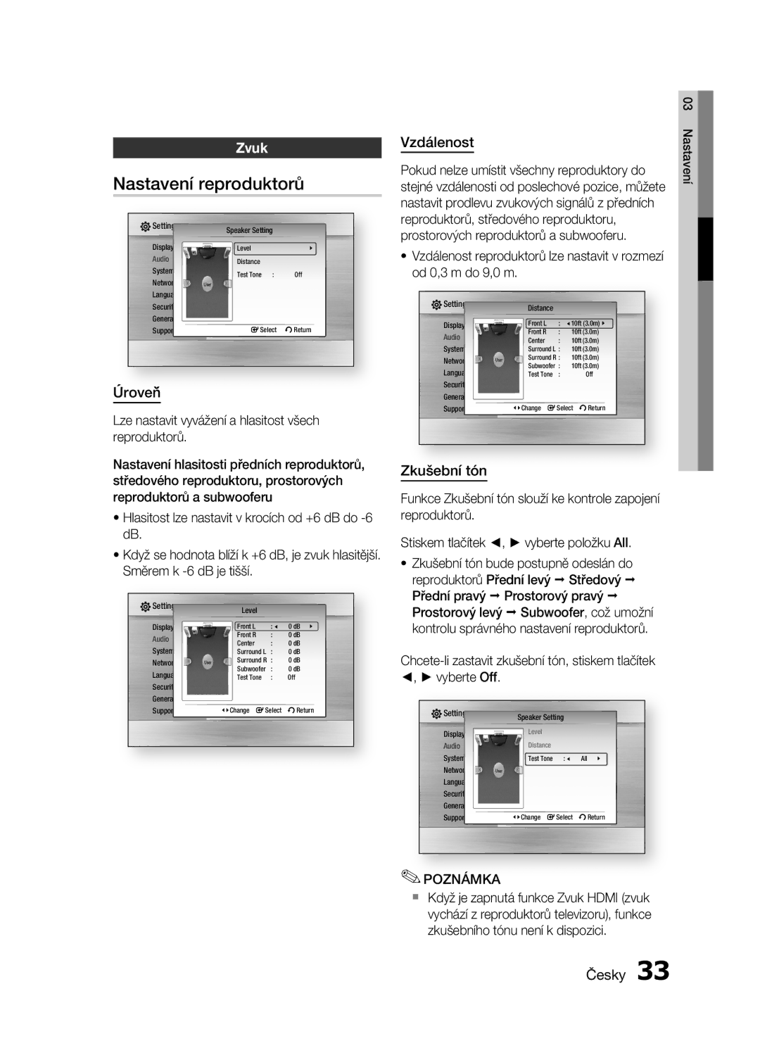 Samsung HT-C5500/EDC, HT-C5550/EDC, HT-C5500/XEF manual Nastavení reproduktorů, Zvuk, Úroveň, Vzdálenost, Zkušební tón 