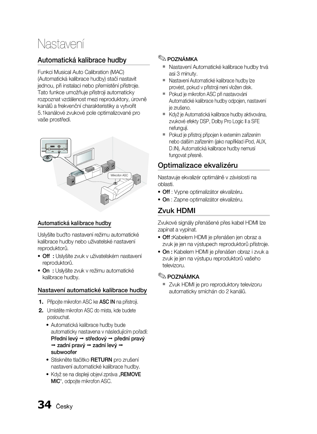 Samsung HT-C5500/XEF, HT-C5550/EDC, HT-C5500/EDC manual Automatická kalibrace hudby, Optimalizace ekvalizéru, Zvuk Hdmi 