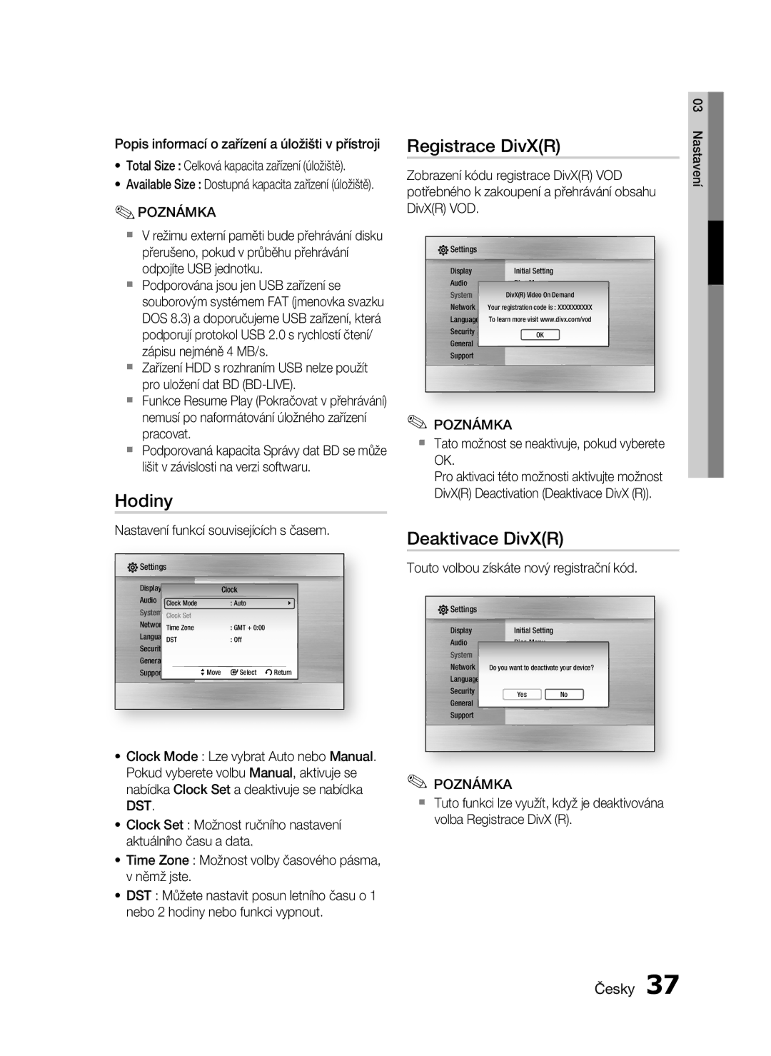 Samsung HT-C5500/EDC, HT-C5550/EDC, HT-C5500/XEF, HT-C5530/EDC manual Hodiny, Registrace DivXR, Deaktivace DivXR 