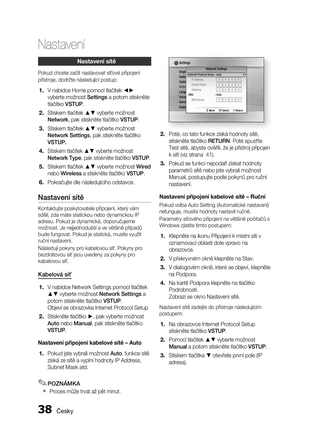 Samsung HT-C5500/XEF, HT-C5550/EDC, HT-C5500/EDC, HT-C5530/EDC manual Nastavení sítě, Kabelová síť, 38 Česky 