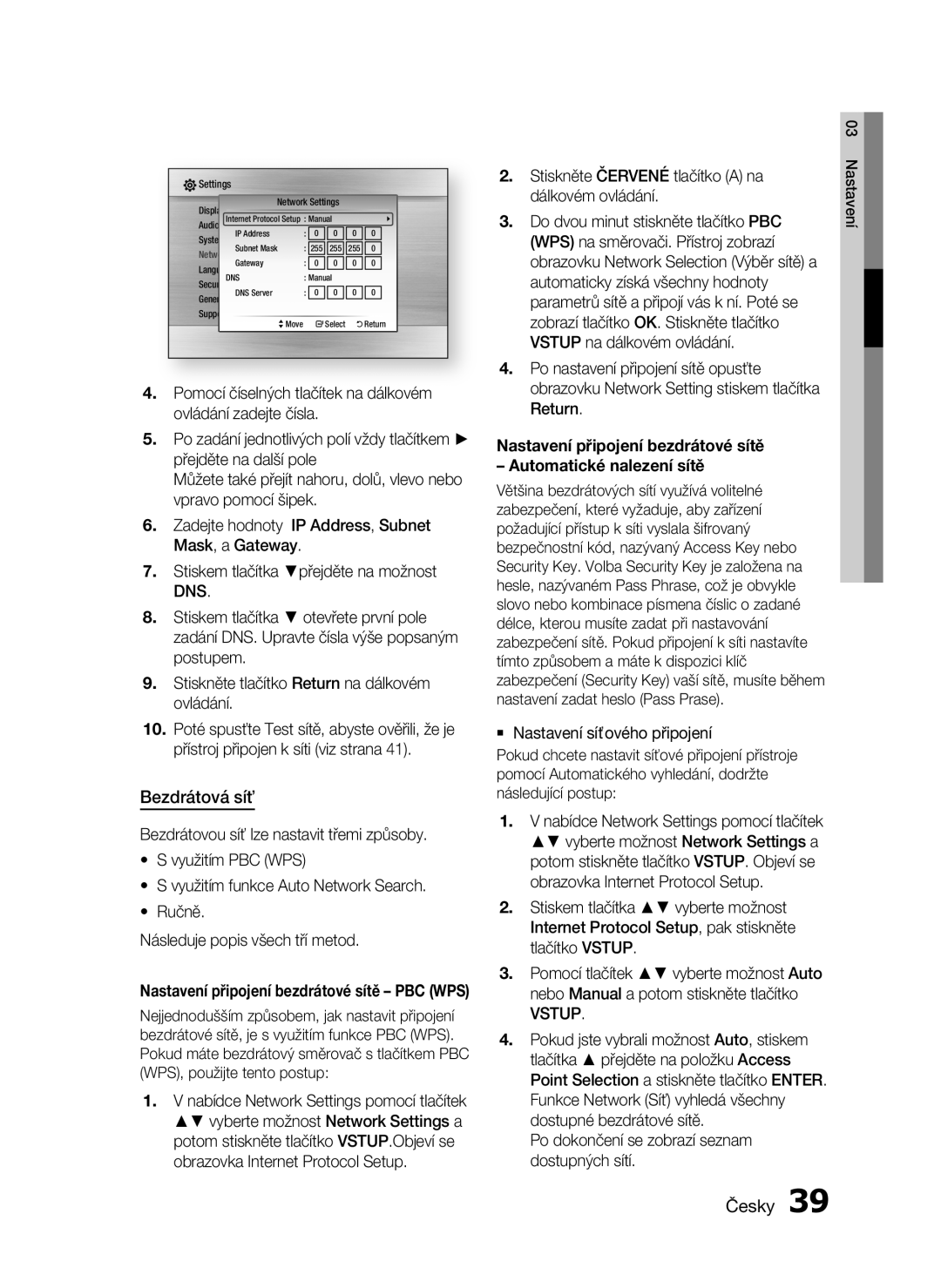 Samsung HT-C5530/EDC, HT-C5550/EDC, HT-C5500/EDC, HT-C5500/XEF manual Bezdrátová síť, Dns, Return 