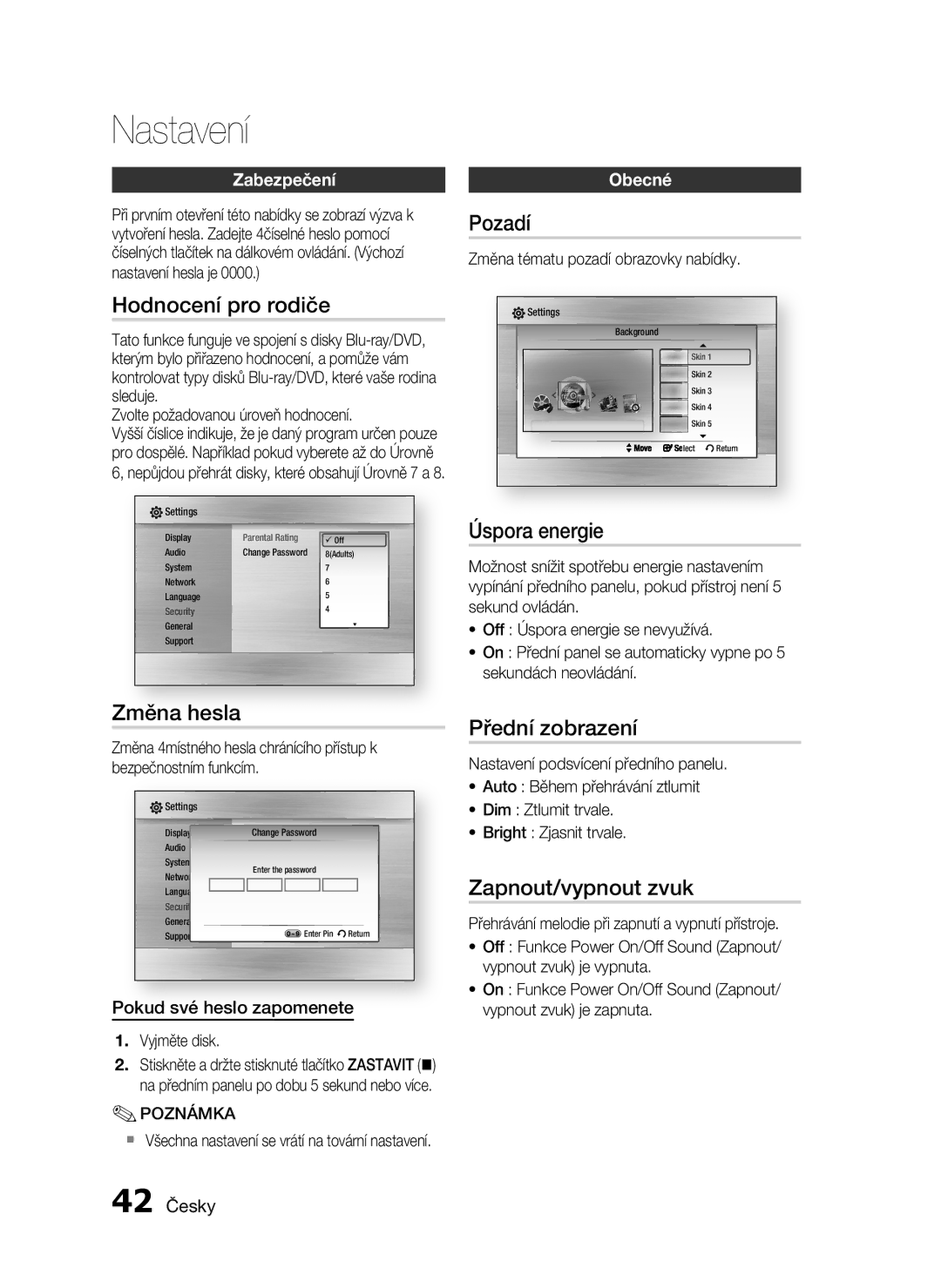 Samsung HT-C5500/XEF Hodnocení pro rodiče, Změna hesla, Pozadí, Úspora energie, Přední zobrazení, Zapnout/vypnout zvuk 