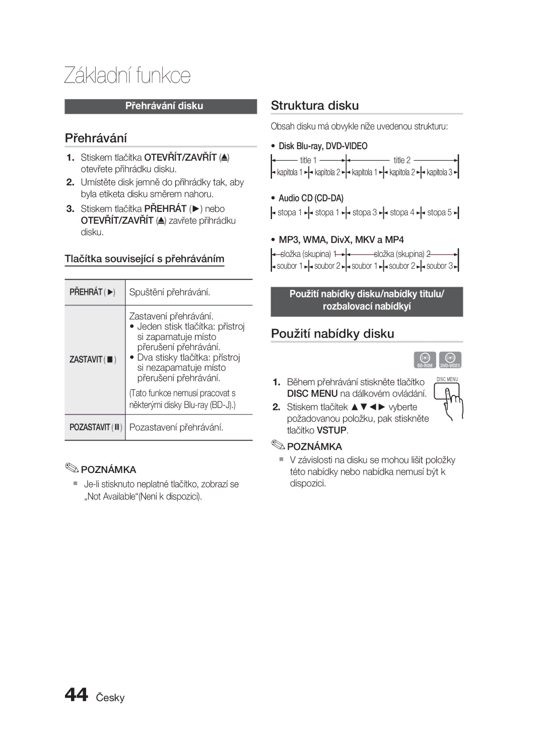 Samsung HT-C5550/EDC, HT-C5500/EDC, HT-C5500/XEF manual Základní funkce, Přehrávání, Struktura disku, Použití nabídky disku 