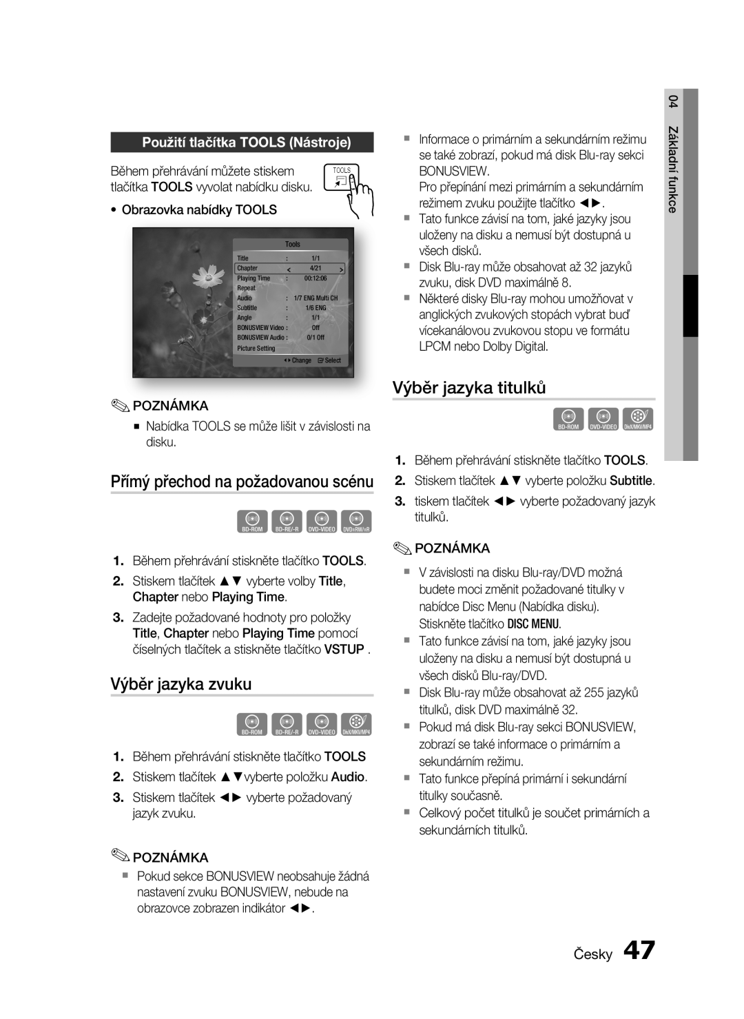 Samsung HT-C5530/EDC, HT-C5550/EDC Výběr jazyka zvuku, Výběr jazyka titulků, Použití tlačítka Tools Nástroje, Bonusview 